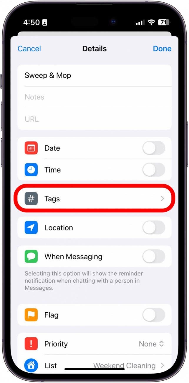 iPhone-Erinnerungsdetails mit rot eingekreister Tags-Option