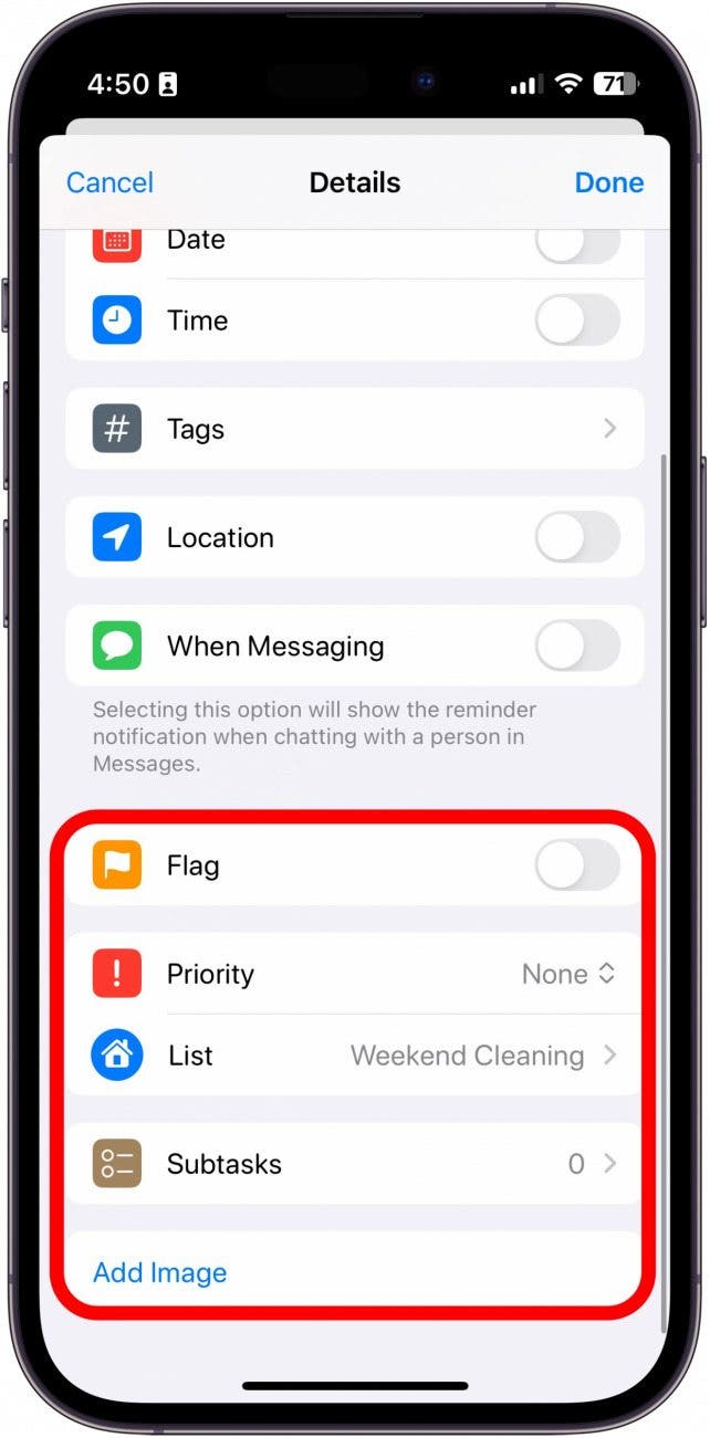 iPhone-Erinnerungsdetails mit rot eingekreisten Markierungsoptionen, Priorität, Liste, Unteraufgabe und Bildoptionen