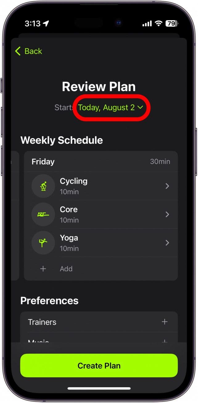 Überprüfung des Apple Fitness Plus-Plans mit rot eingekreistem Startdatum