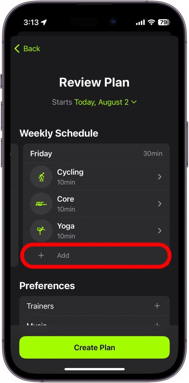 Überprüfung des Apple Fitness Plus-Plans mit der rot eingekreisten Schaltfläche „Aktivität hinzufügen“.