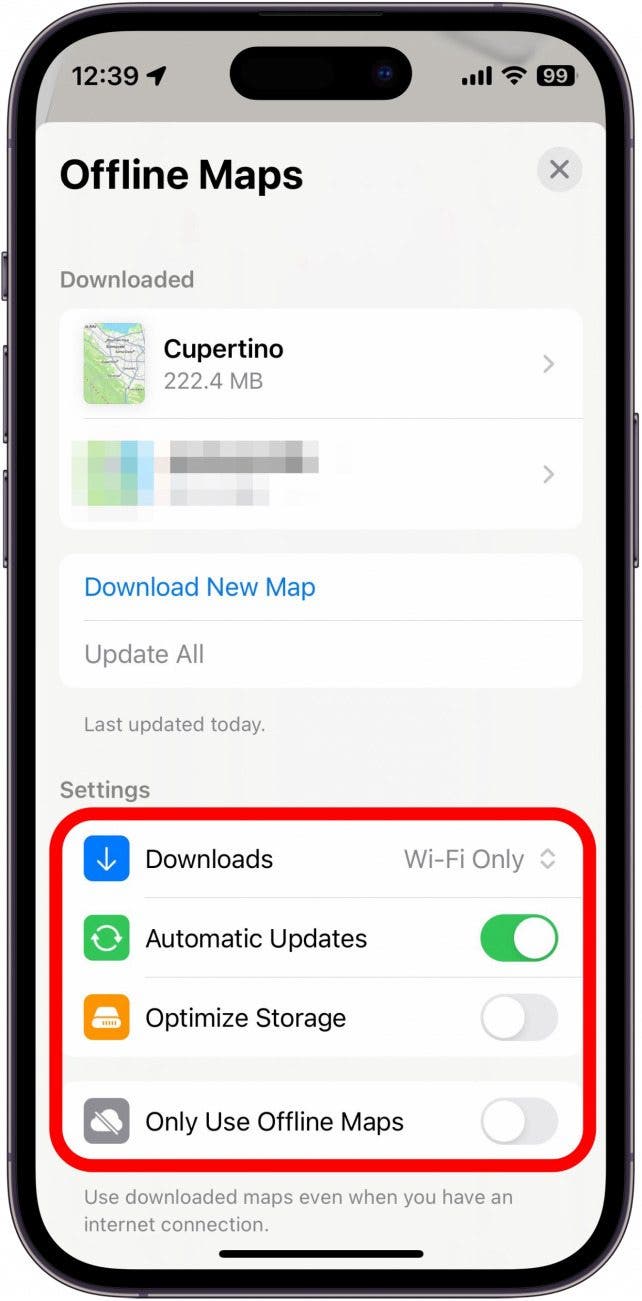Apple Maps Offline-Karten mit rot eingekreisten Zusatzeinstellungen