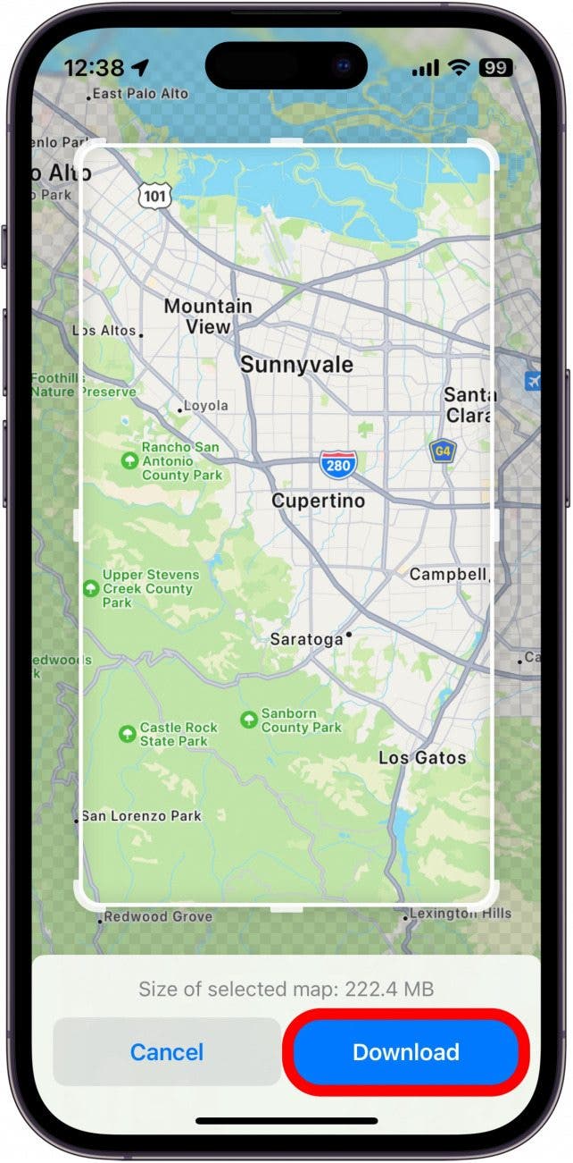 Apple Maps Offline-Kartenmenü mit rot eingekreister Download-Schaltfläche