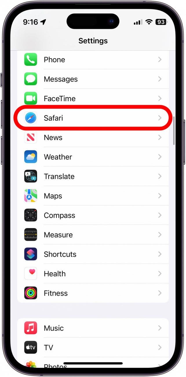 iPhone-Einstellungen mit rot eingekreister Safari