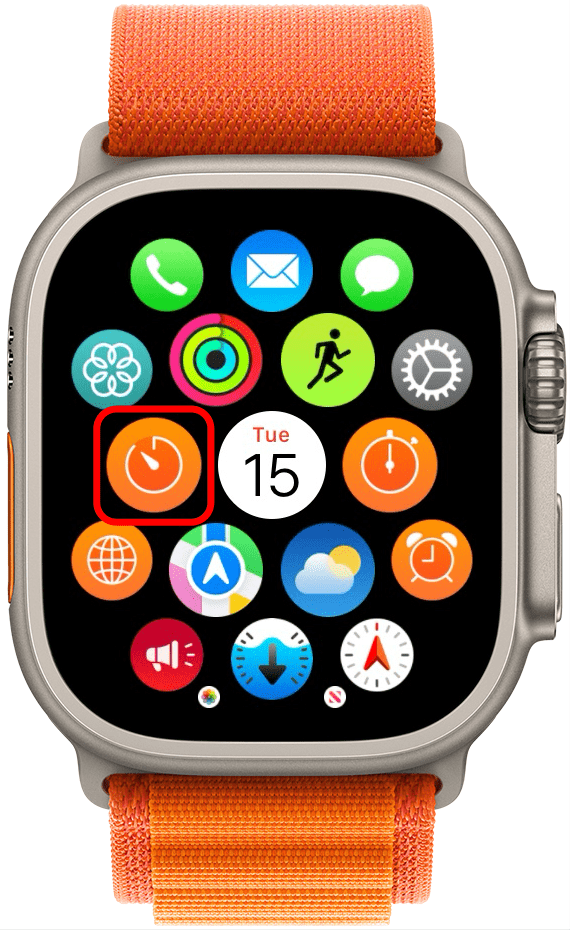Tippen Sie auf die Timer-App.  Es sieht ähnlich aus wie die Stoppuhr-App der Apple Watch.