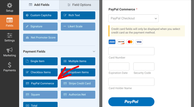 Fügen Sie das Feld „PayPal Commerce“ hinzu