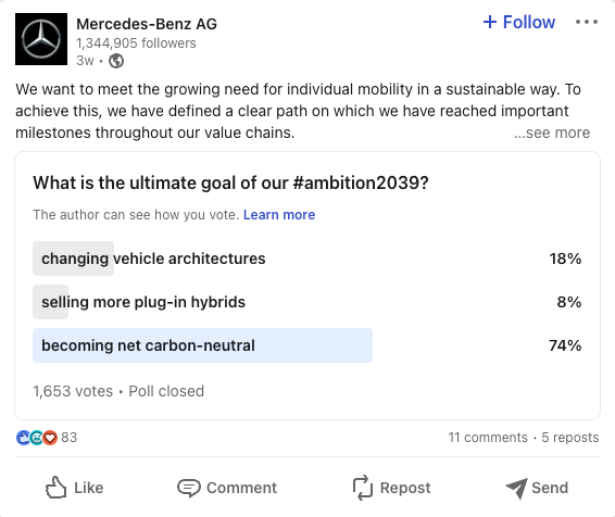 LinkedIn-Umfrage von Mercedes-Benz mit der Bitte um Feedback zu den Jahreszielen