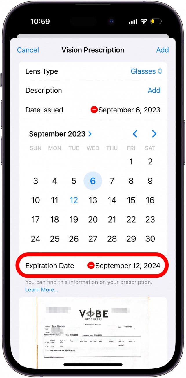 iPhone Vision-Rezeptbildschirm mit rot eingekreistem Ablaufdatum