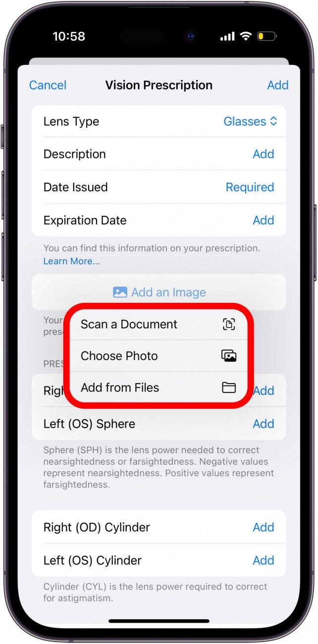 iPhone Vision-Rezeptbildschirm mit rot eingekreisten Optionen zum Hinzufügen eines Bildes: Scannen Sie ein Dokument, wählen Sie ein Foto aus oder fügen Sie es aus Dateien hinzu