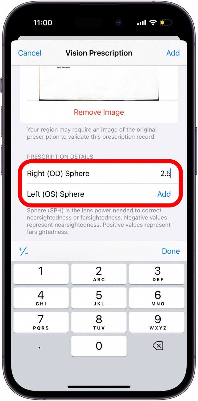 iPhone Vision-Rezeptbildschirm mit rot eingekreisten Details der rechten und linken Kugel