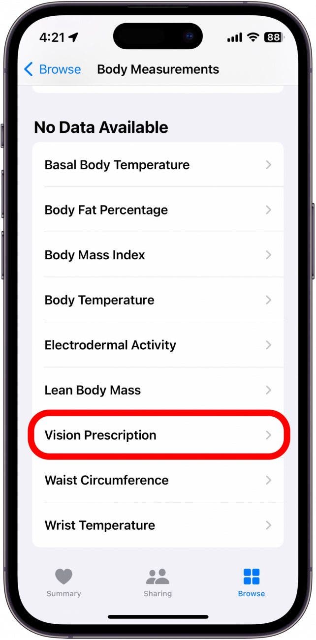 Gesundheits-App-Körpermaße mit Sehstärke, rot eingekreist