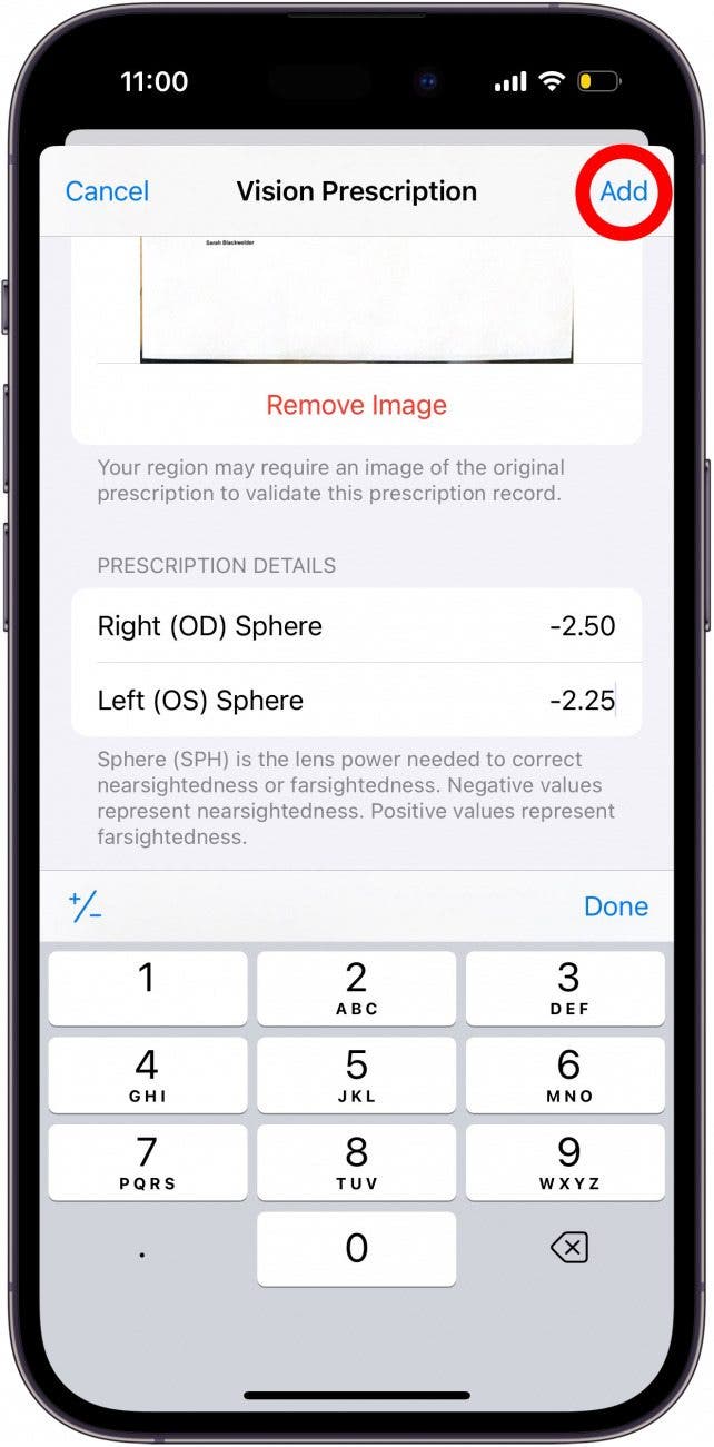 iPhone Vision-Rezeptbildschirm mit rot eingekreister Schaltfläche „Hinzufügen“.