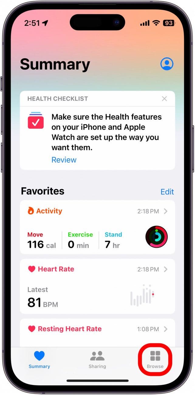 Gesundheits-App mit rot eingekreister Registerkarte „Durchsuchen“.