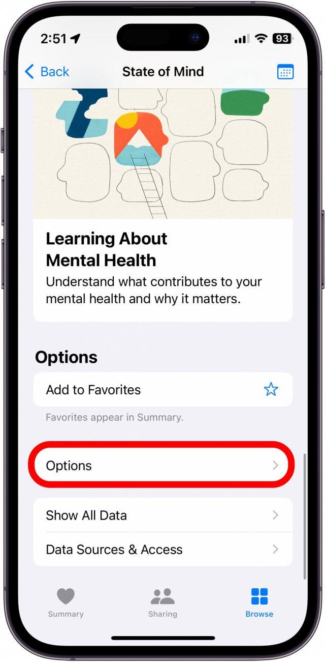 iPhone-Geisteszustand mit rot eingekreister Schaltfläche für Optionen zur psychischen Gesundheit