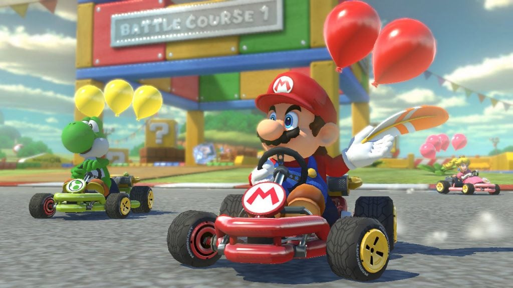 Eine Szene aus einem Mario-Rennspiel namens Mario Kart