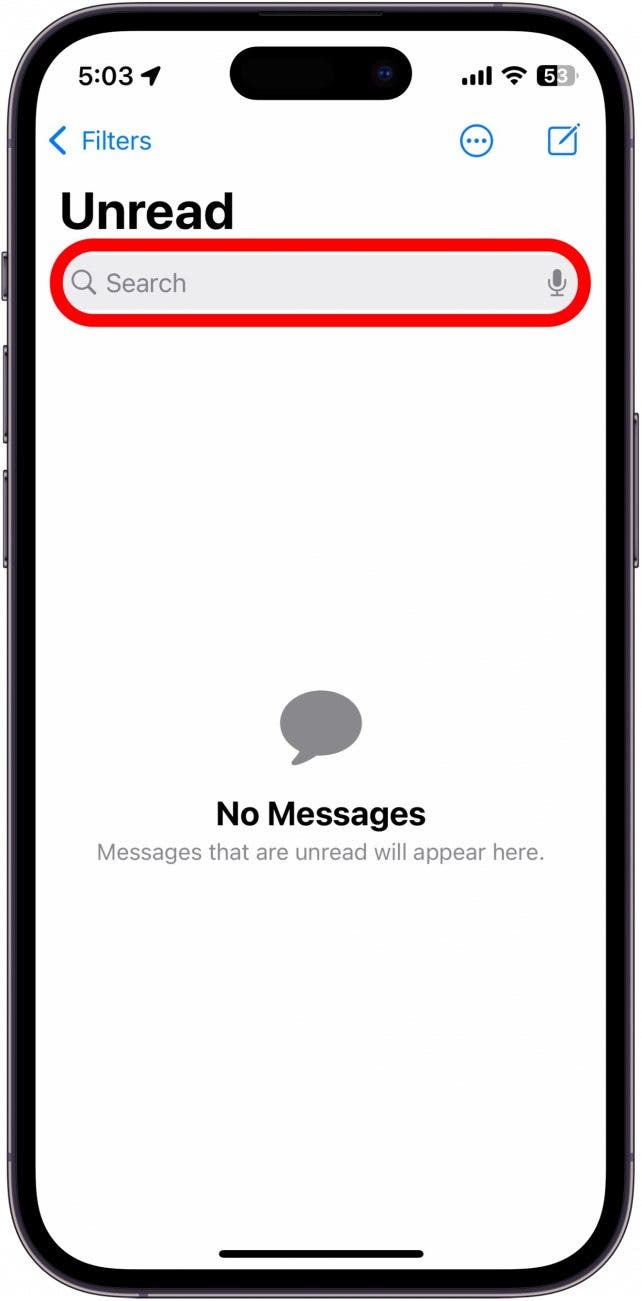 iPhone-Nachrichten-App mit einem roten Kreis um die Suchleiste