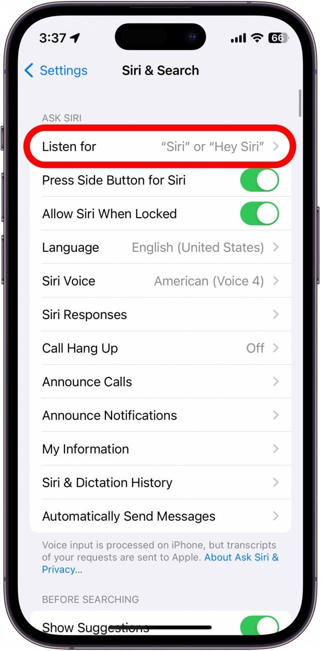 iPhone Siri-Einstellungen mit rot eingekreistem Hören