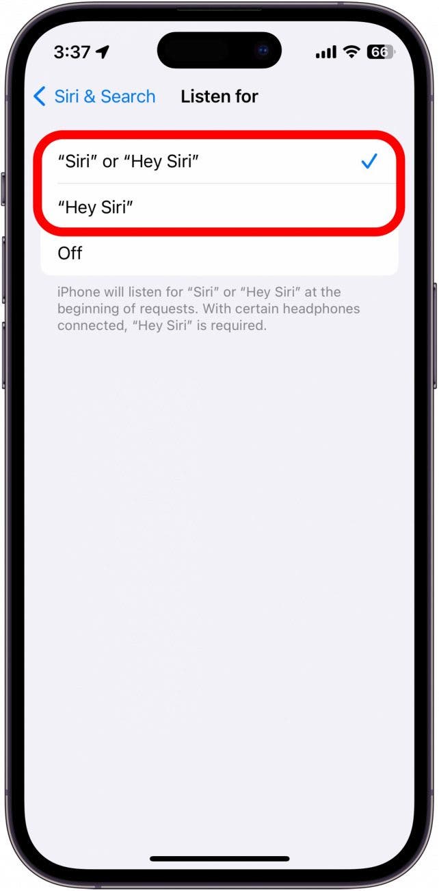 iPhone Siri wartet auf Einstellungen mit zwei rot eingekreisten Optionen.  Option 1: Siri oder Hey Siri, Option 2: Hey Siri