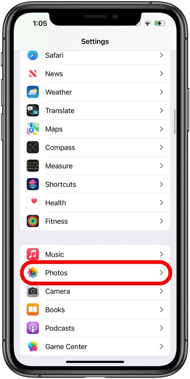 Tippen Sie in den iPhone- und iPad-Einstellungen auf „Fotos“.