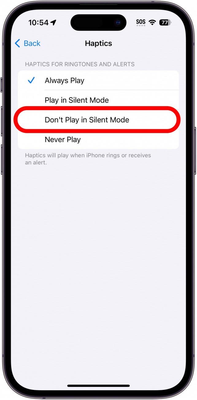 iPhone-Haptikeinstellungen mit rot eingekreister Wiedergabe im lautlosen Modus nicht möglich