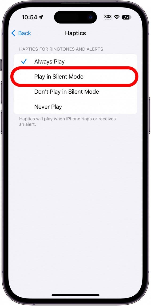 iPhone-Haptikeinstellungen mit rot eingekreister Wiedergabe im lautlosen Modus