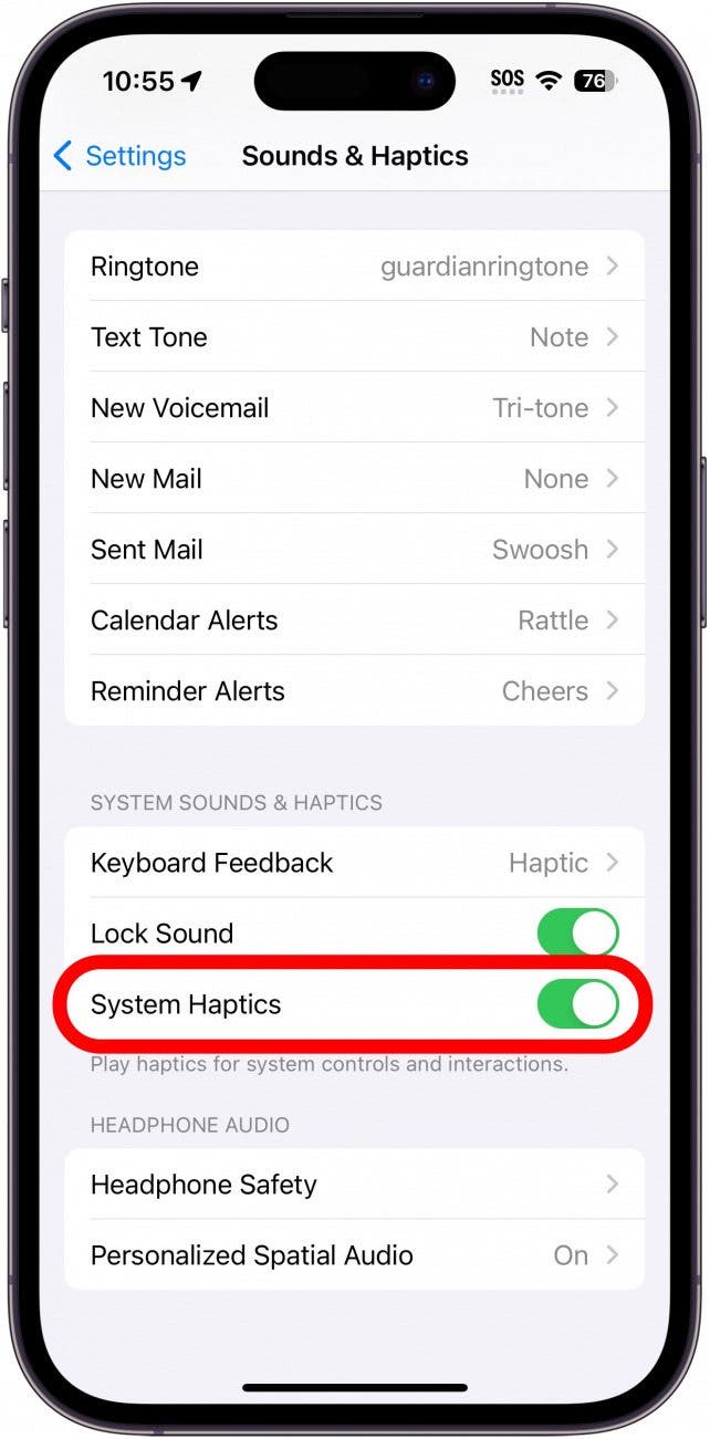 iPhone-Sounds und Haptik-Einstellungen mit rot eingekreistem System-Haptik-Schalter
