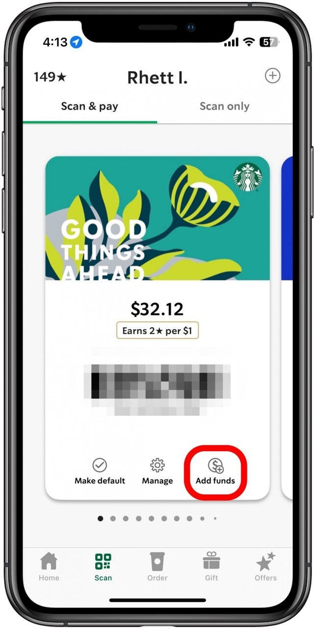 Tippen Sie auf „Guthaben hinzufügen“, um mit Apple Pay Geld zur Starbucks-Karte hinzuzufügen