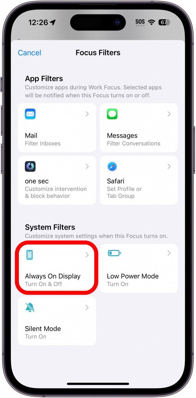 Einstellungen des iPhone-Fokusfilters mit rot eingekreistem Always-on-Display-Filter