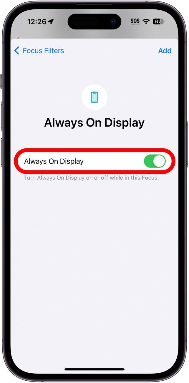 Fokusfiltereinstellungen für immer auf dem Display des iPhones mit rot eingekreistem Schalter für immer auf dem Display