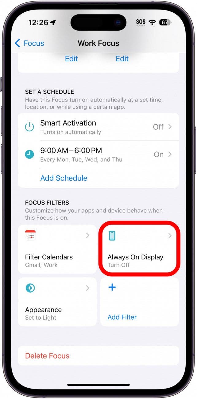 iPhone-Arbeitsfokuseinstellungen mit rot eingekreistem Always-on-Display-Filter