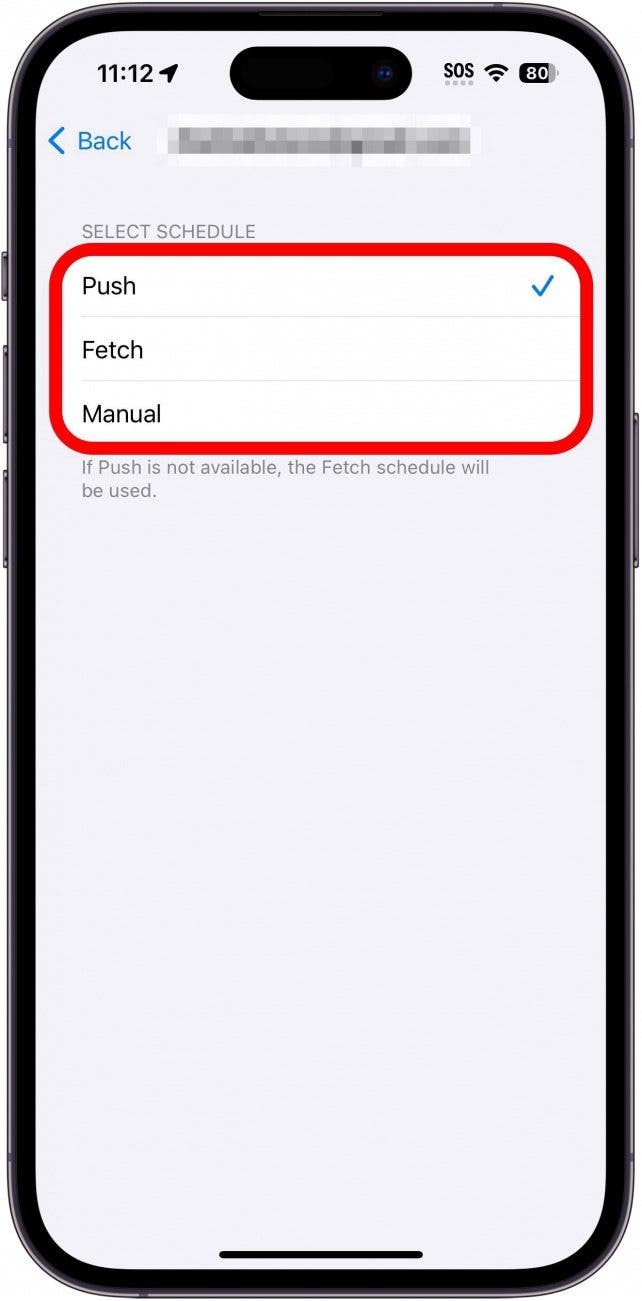 iPhone-Abrufeinstellungen für ein bestimmtes Konto mit den folgenden rot eingekreisten Optionen: Push, Abruf und manuell