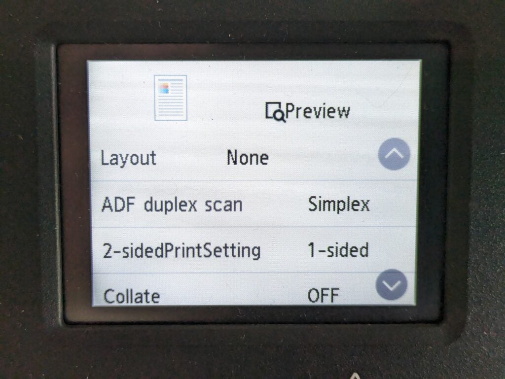 Foto des Kopiermenüs mit separaten Duplexeinstellungen für ADF und Drucker
