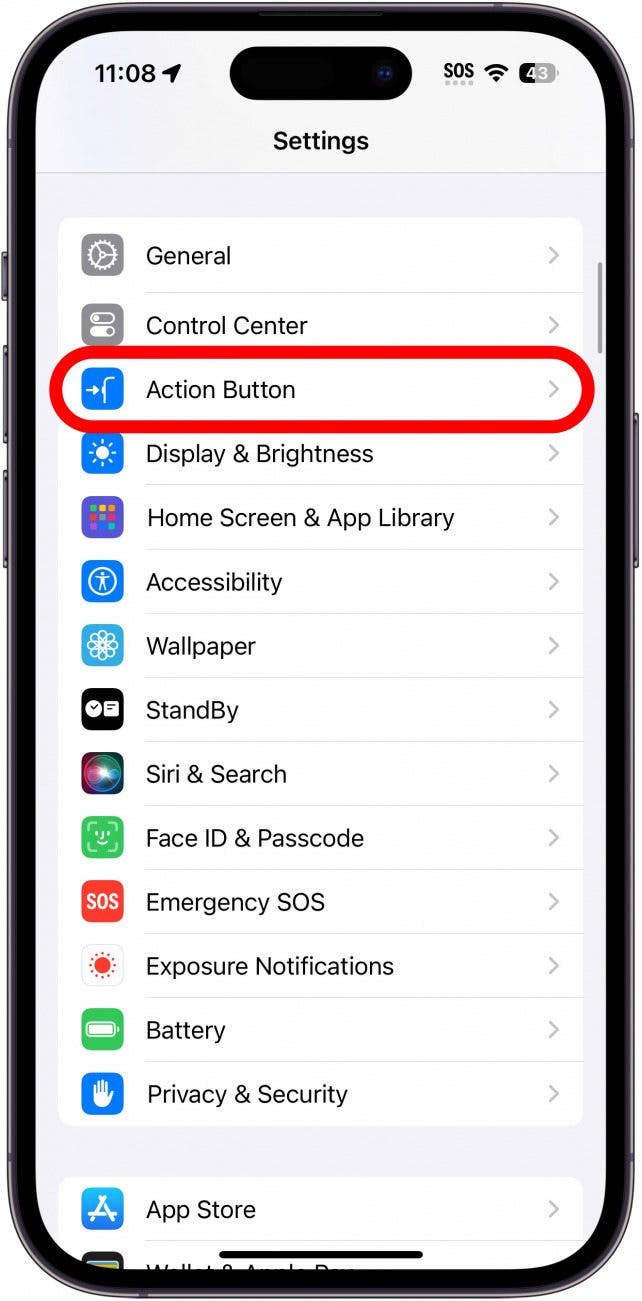 iPhone-Einstellungen mit rot eingekreister Aktionsschaltflächenoption