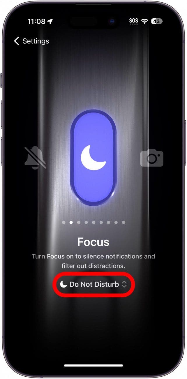 Die Einstellungen der iPhone-Aktionstasten zeigen die Fokuseinstellung mit einem roten Kreis um „Nicht stören“ an
