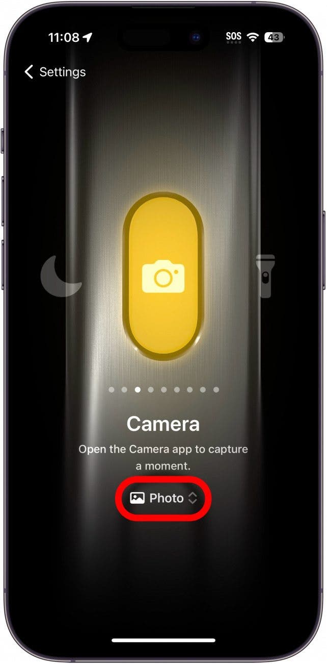 Einstellungen der iPhone-Aktionstaste, die die Kameraeinstellung mit rot eingekreisten Fotos anzeigen