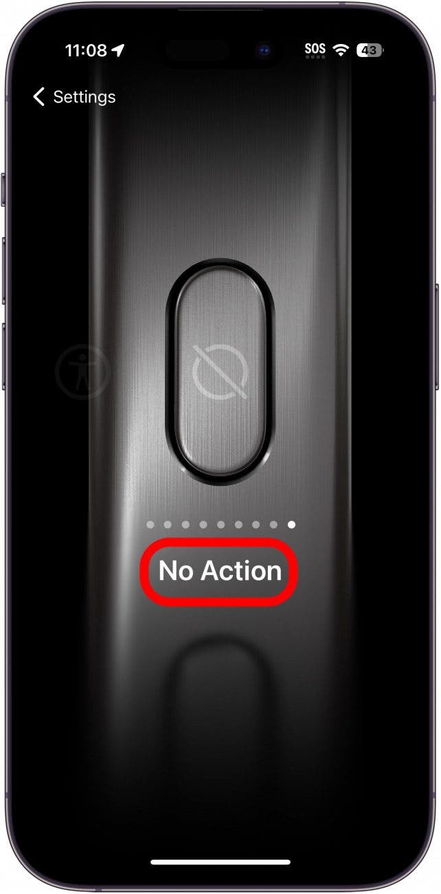 Einstellungen der iPhone-Aktionstaste, die die Einstellung „Keine Aktion“ mit einem roten Kreis um sie herum anzeigen