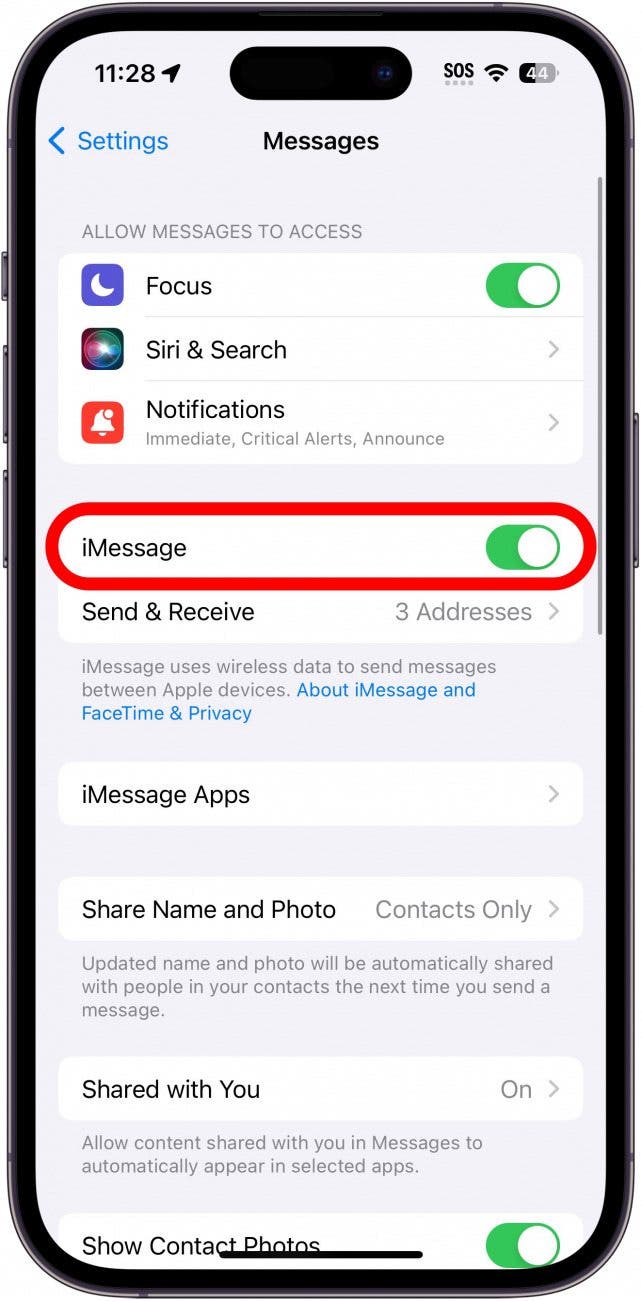 iPhone-Nachrichteneinstellungen mit rot eingekreister Bildumschaltung