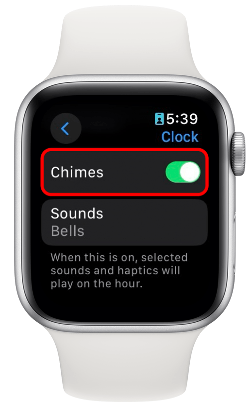 Uhreinstellungen der Apple Watch mit rot eingekreistem Glockenspiel