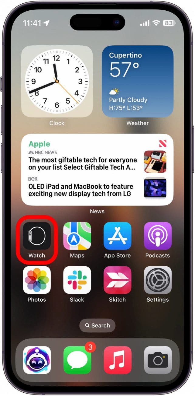 iPhone-Startbildschirm mit rot eingekreister Watch-App