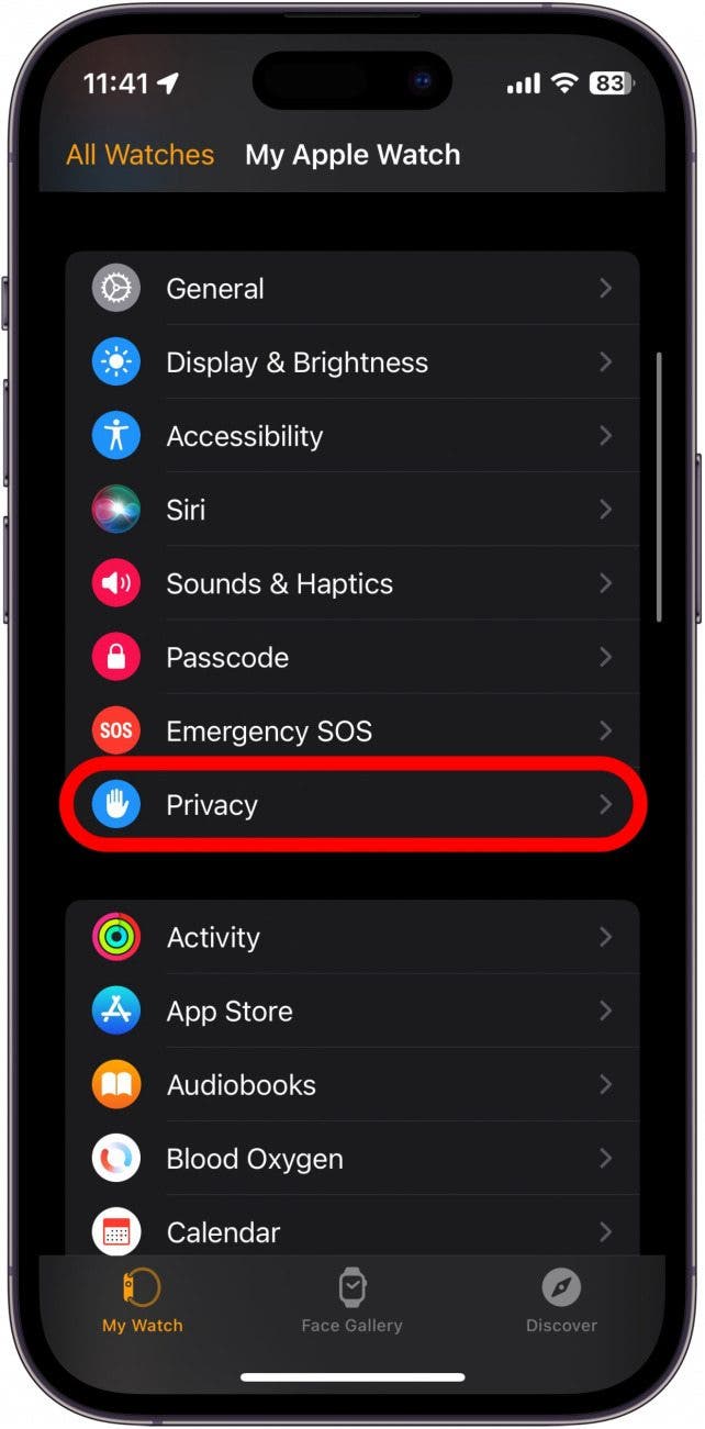 Apple-Watch-App mit rot eingekreister Privatsphäre
