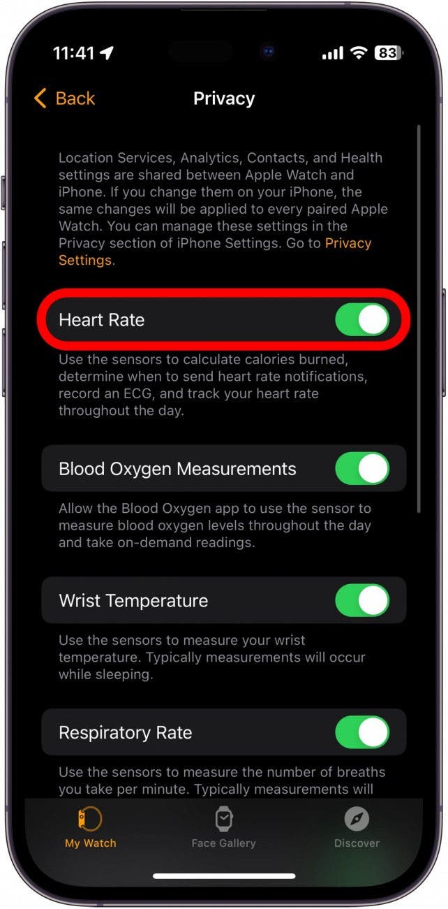 Datenschutzeinstellungen der Apple Watch-App mit rot eingekreistem Herzfrequenz-Schalter