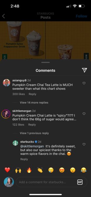 Starbucks Instagram-Kommentar-Antwort Kürbis-Creme-Chai-Tee-Latte süß vs. scharf