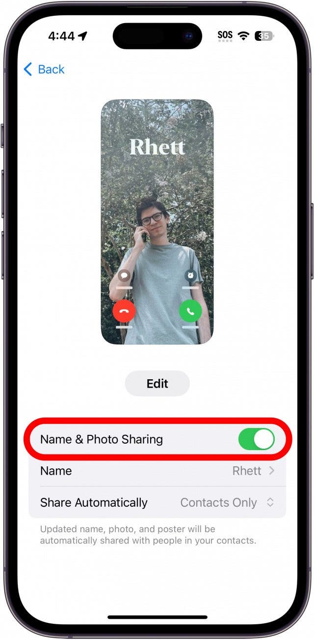 iPhone-Kontaktfoto- und Postereinstellungen mit rot eingekreistem Schalter zum Teilen von Namen und Fotos