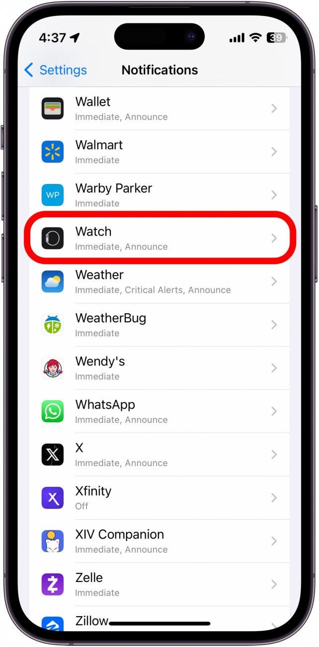 iPhone-Benachrichtigungseinstellungen mit rot eingekreister Watch-App