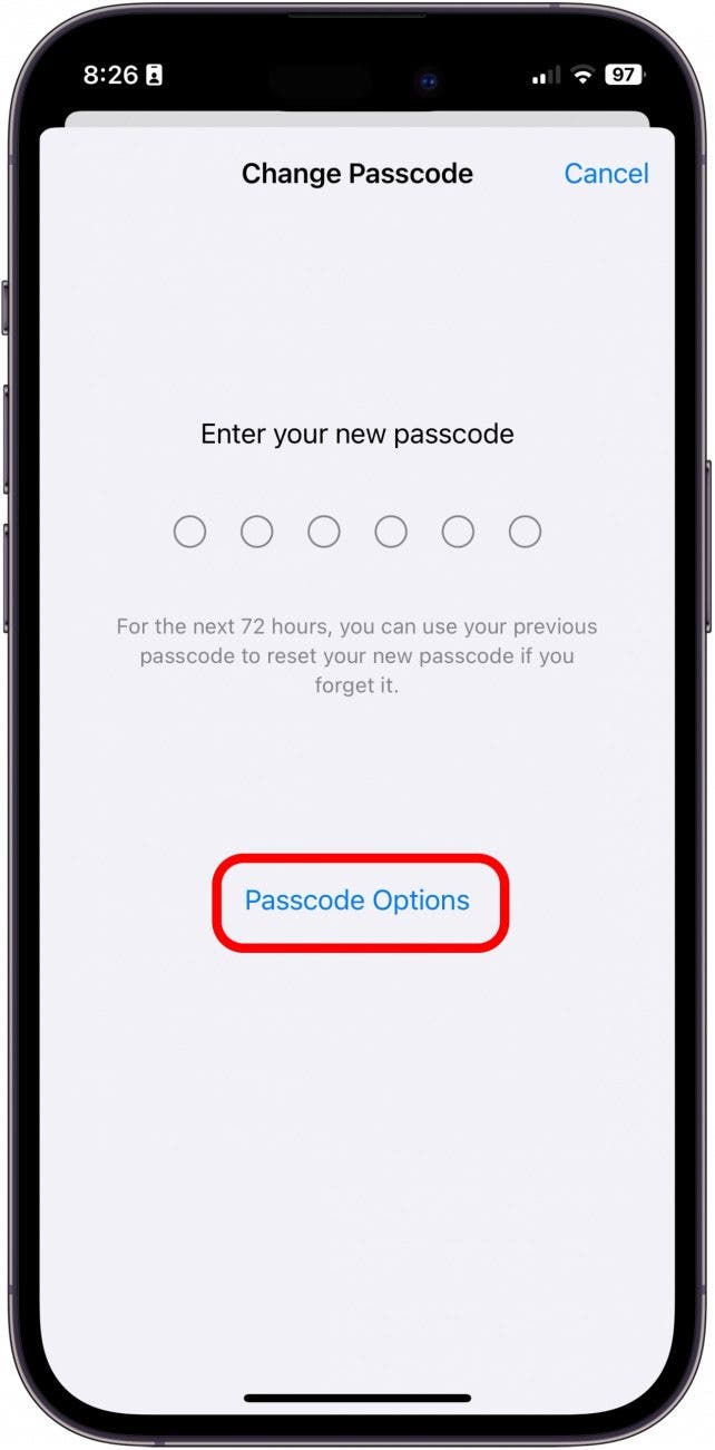 Geben Sie dann einen neuen Passcode ein.  Tippen Sie auf Passcode-Optionen, um weitere Optionen für Passcodes anzuzeigen.