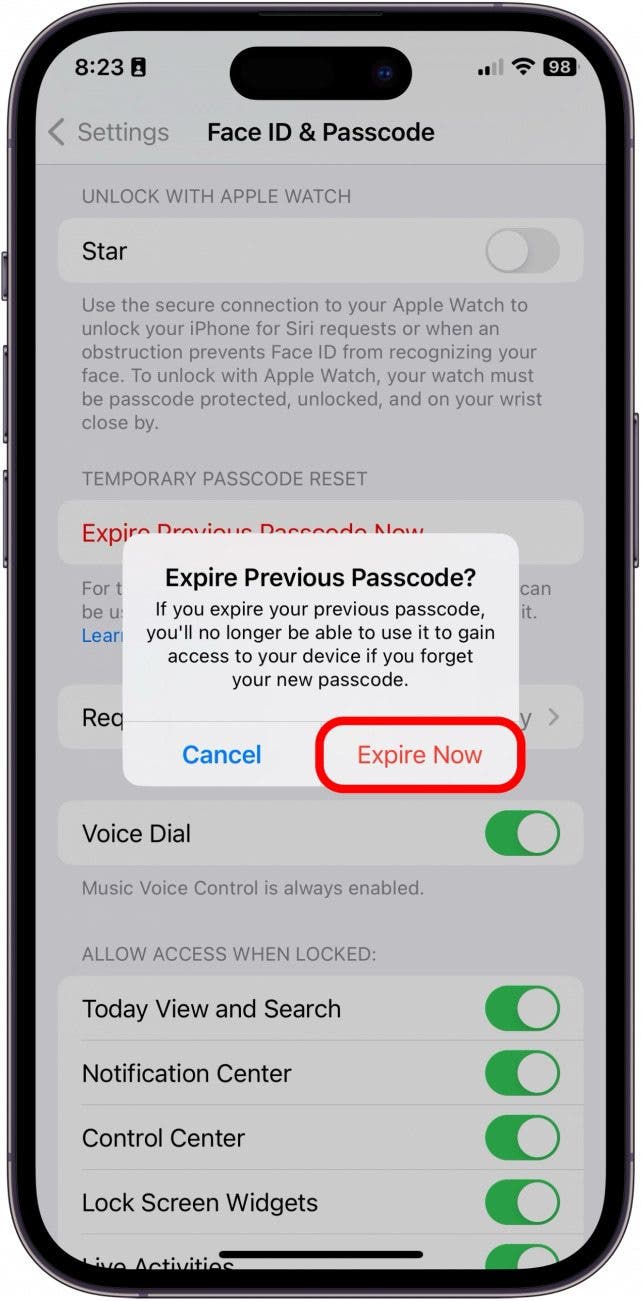 Tippen Sie auf Jetzt ablaufen.  Die Option verschwindet und niemand kann mit dem alten Passcode auf Ihr iPhone zugreifen.