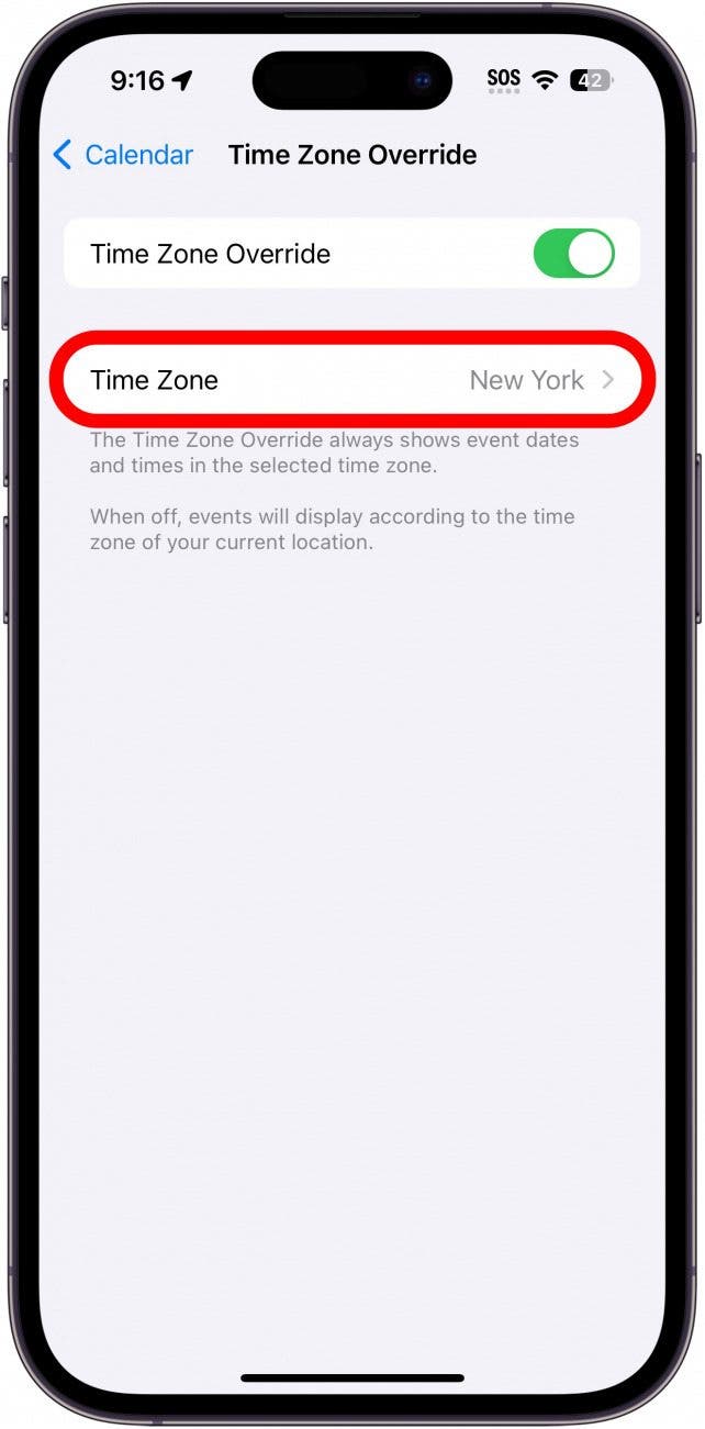 iPhone-Zeitzone-Überschreibungseinstellungen mit rot eingekreister Zeitzone