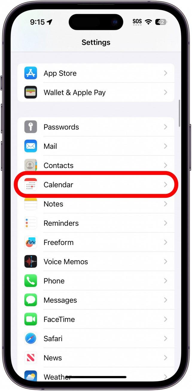 iPhone-Einstellungen mit rot eingekreistem Kalender