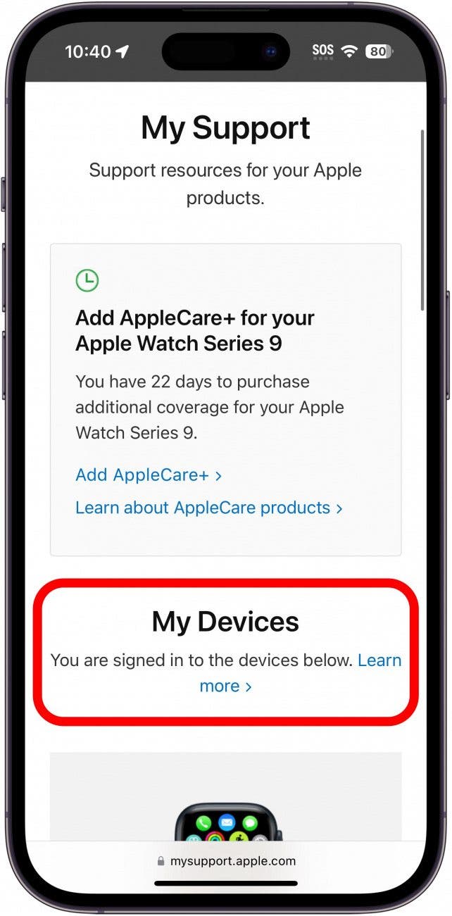 Die iPhone-Safari-Webseite mysupport.apple.com zeigt meine Geräte an