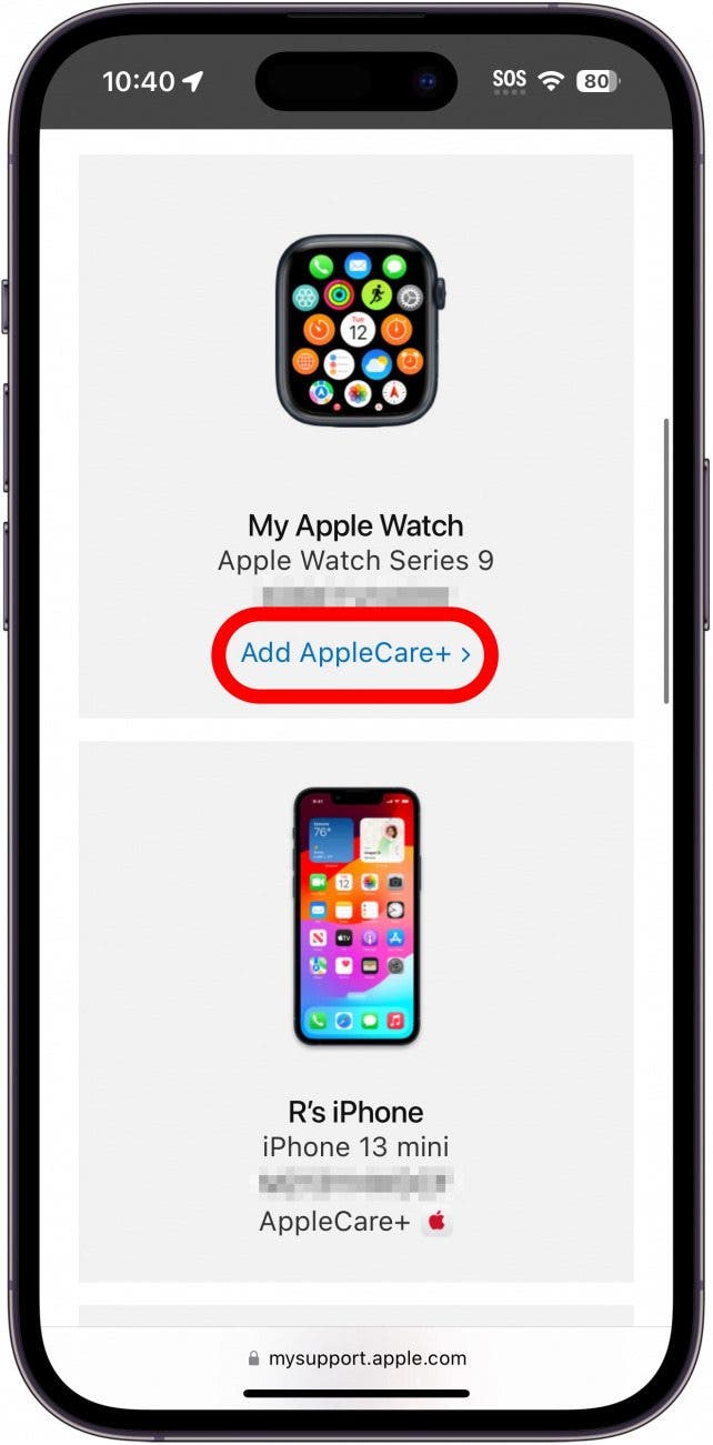 Die iPhone-Safari-Webseite mysupport.apple.com zeigt eine Liste von Geräten mit dem rot eingekreisten Symbol „Applecare Plus hinzufügen“ an