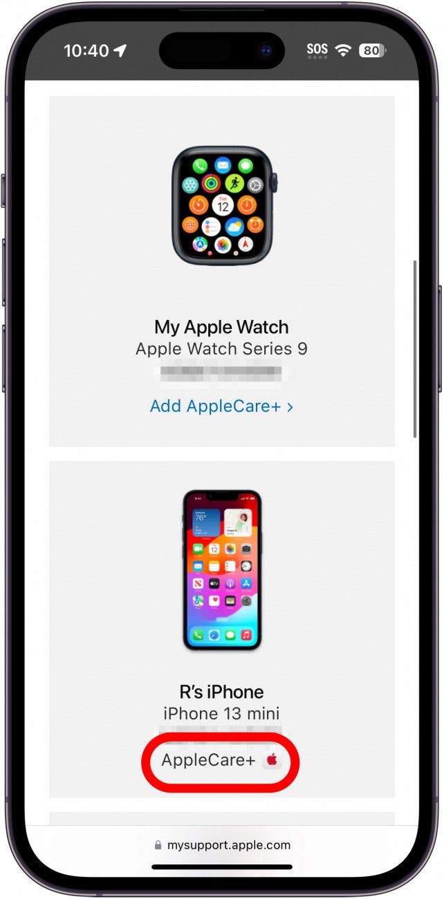 iPhone-Safari-Webseite mysupport.apple.com mit einer Liste von Geräten mit rot eingekreistem Applecare-Symbol